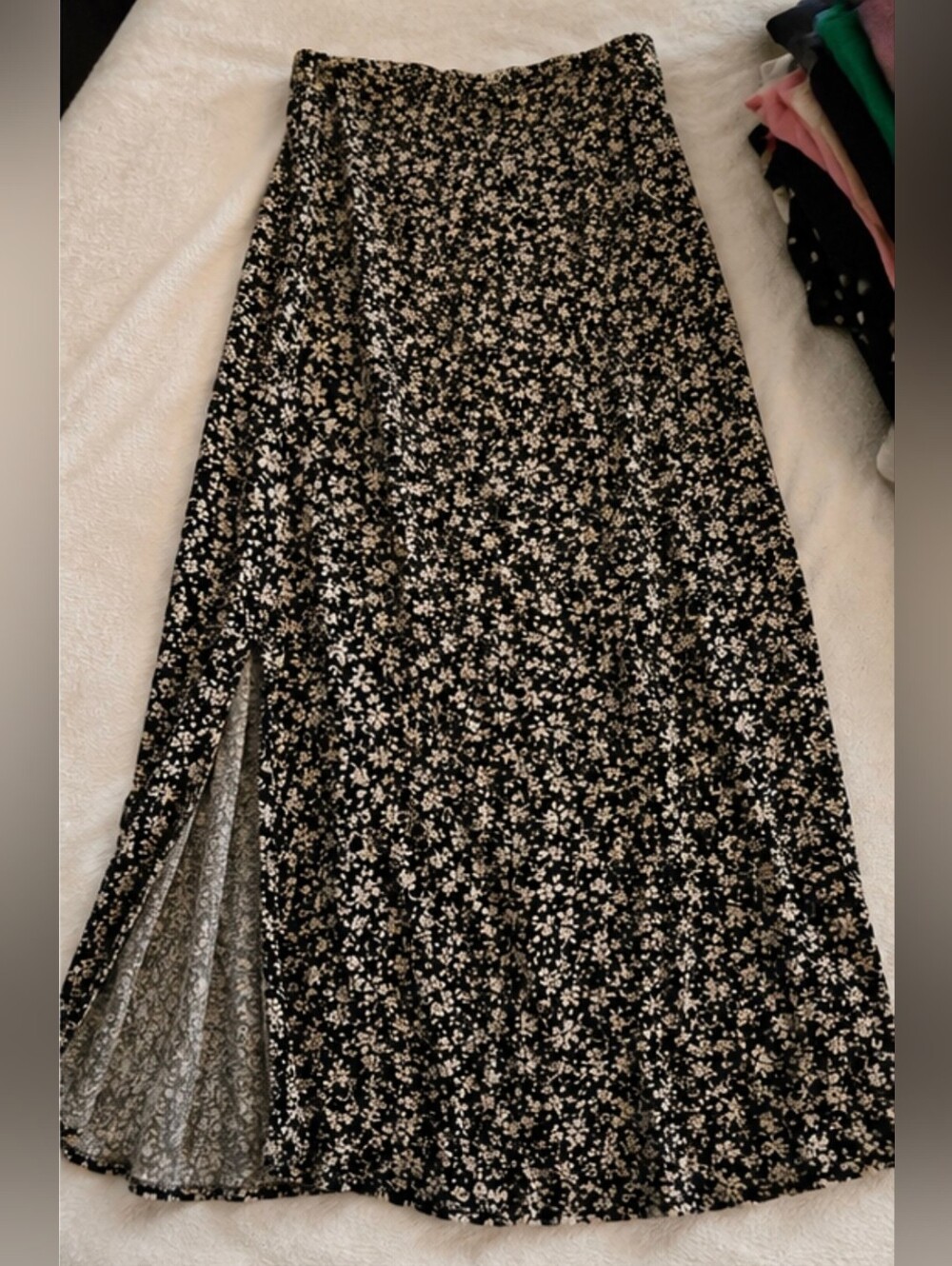 SHEIN Black Maxi Skirt with Cream Floral Print and Side Slit